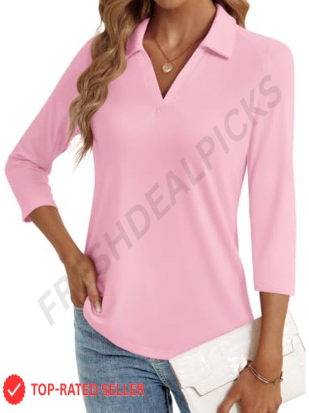 Womens 3/4 Sleeve V-Neck Polo Blouse Business Casual Pleated Top